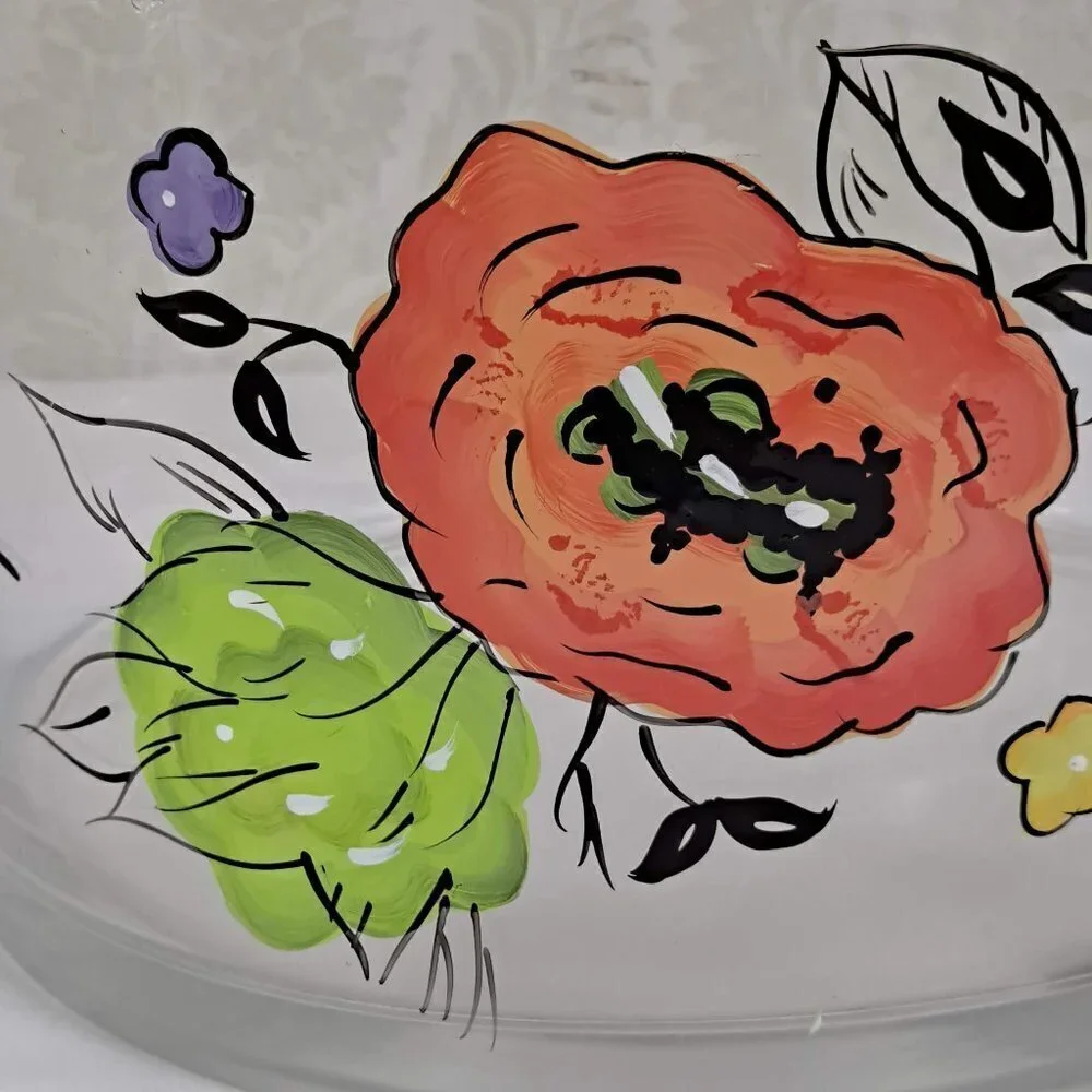 Artland Laurie Gates Clear Glass Bowl with Multi Color Hand Painted Flowers